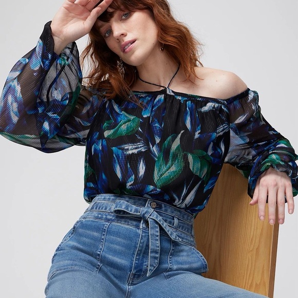 WHITE HOUSE BLACK MARKET Off-the-Shoulder Metallic Cross-Neck Blouse - Picture 5 of 5